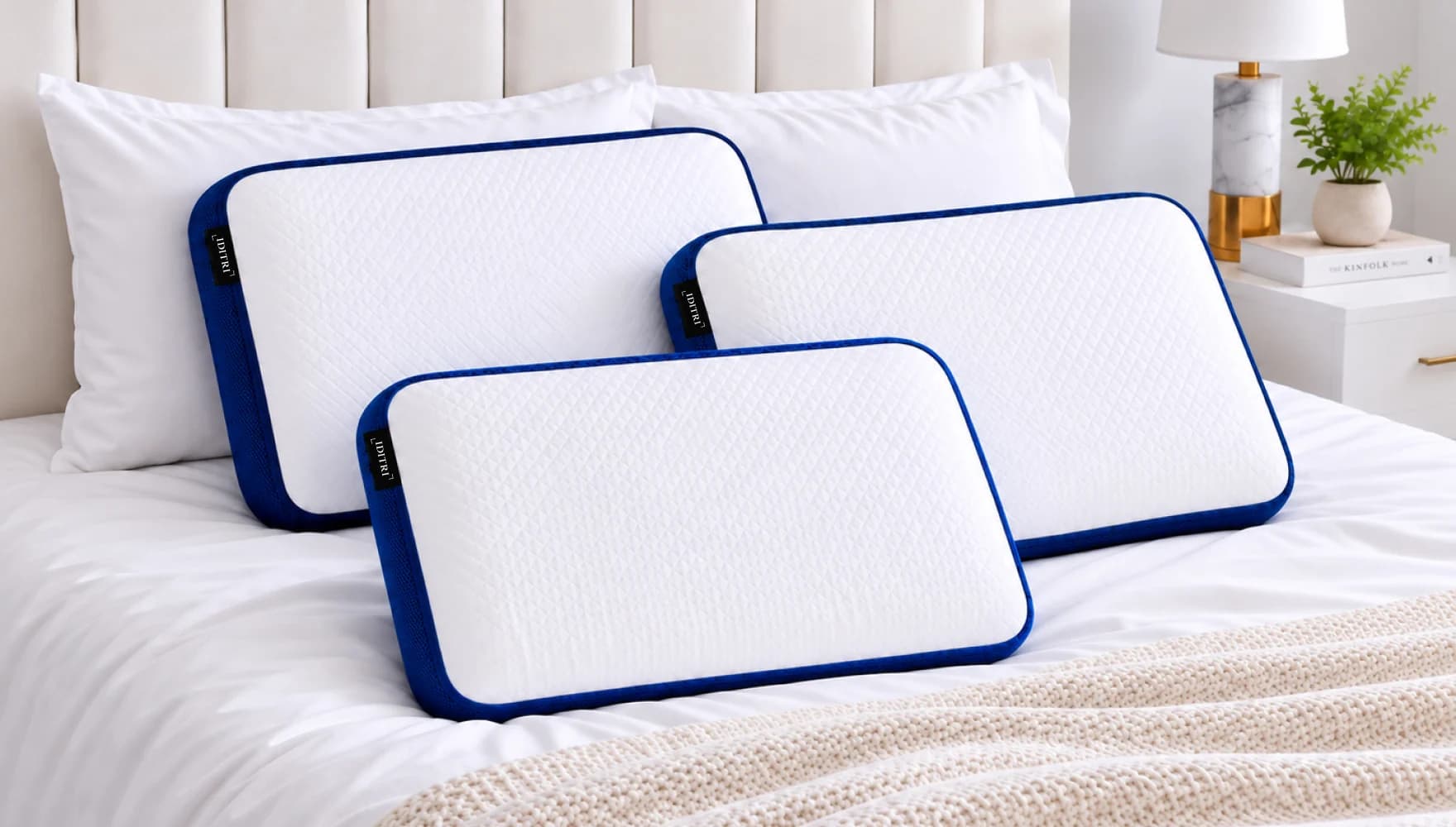 IDITRI rectangle pillows with navy piping on a bed