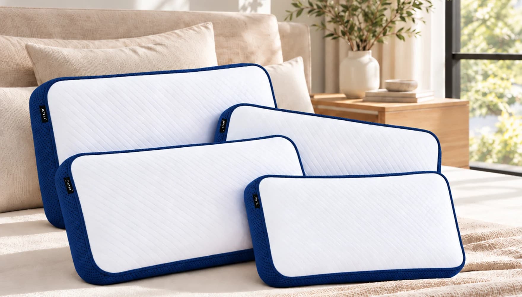 Four IDITRI rectangle pillows with navy piping on a bed
