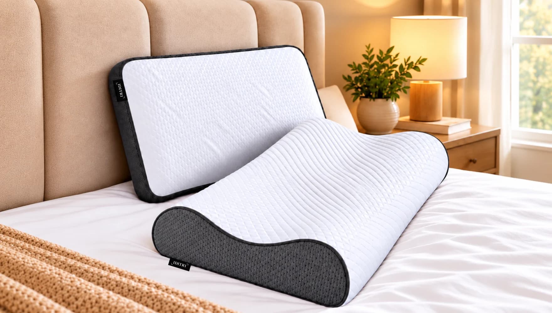 IDITRI contour pillows in white and charcoal grey on a bed