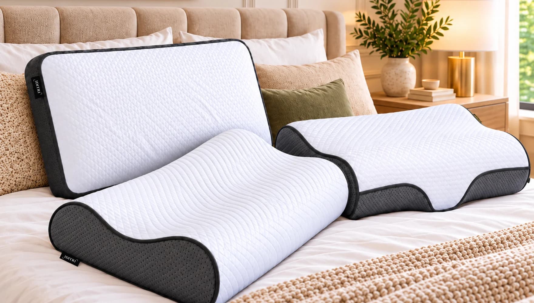 IDITRI rectangle and contour pillows on a bed