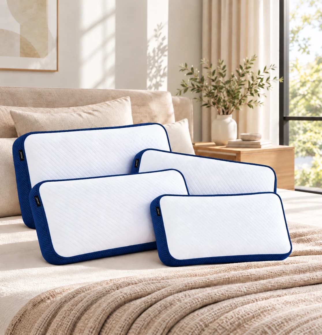 Set of IDITRI rectangle memory foam pillows in a sunlit bedroom