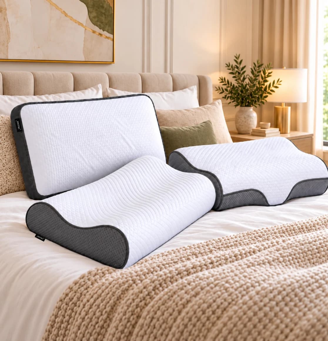 IDITRI contour pillows arranged on a bed