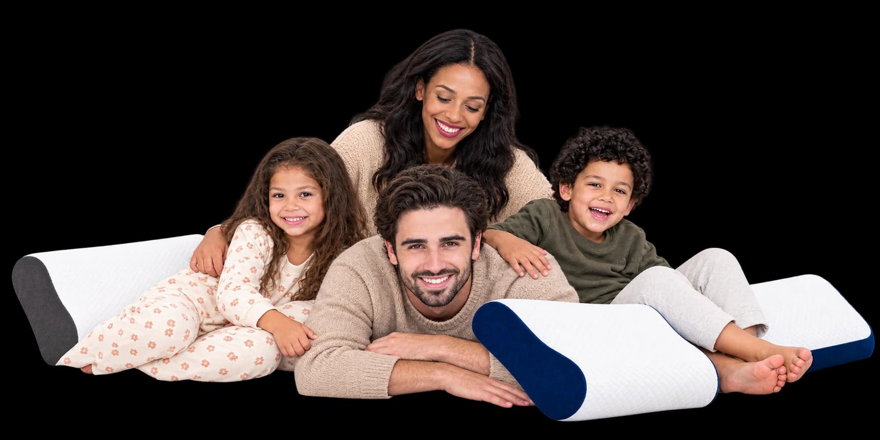 A smiling family relaxing on IDITRI pillows