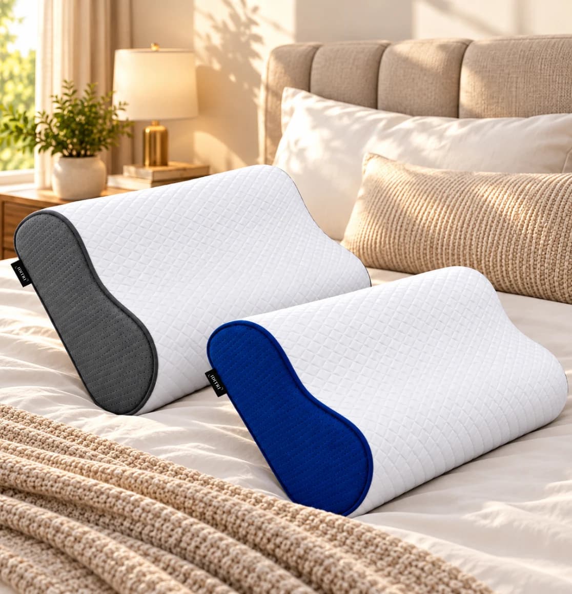 IDITRI contour cervical pillows with grey and blue sides on a bed