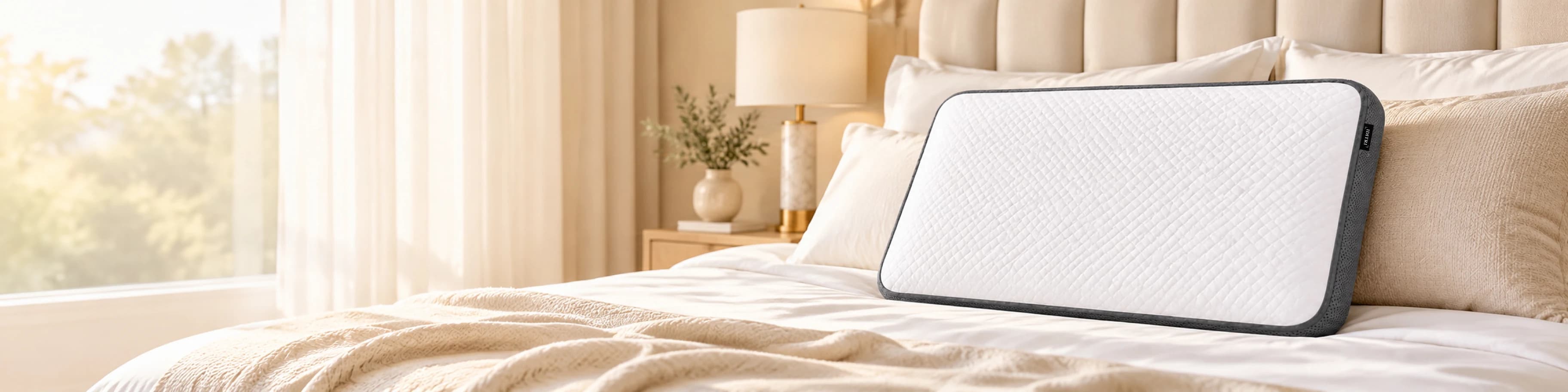 IDITRI rectangle memory foam pillow on a hotel-style bed