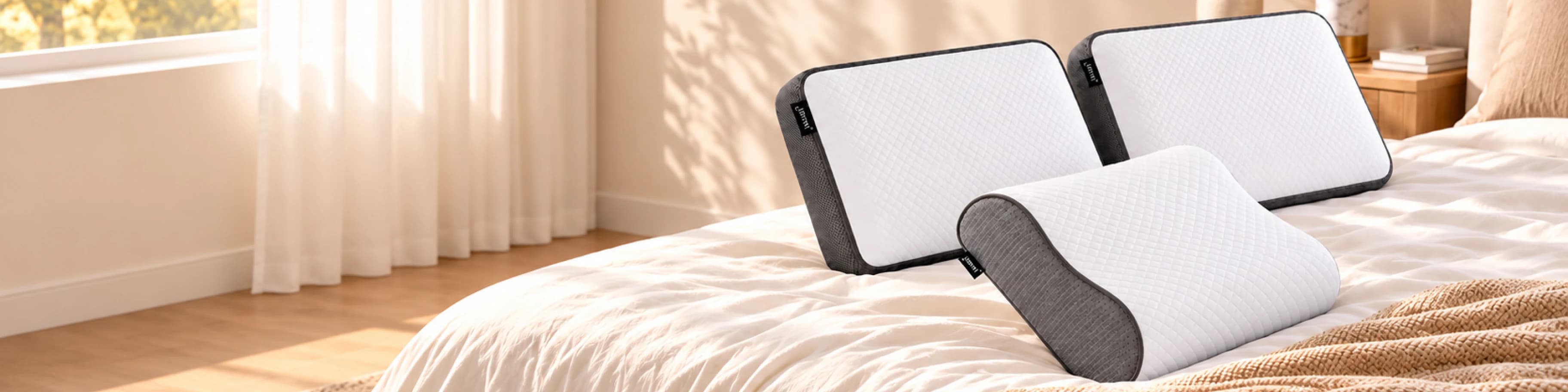 IDITRI rectangle and contour pillows on a sunlit bed