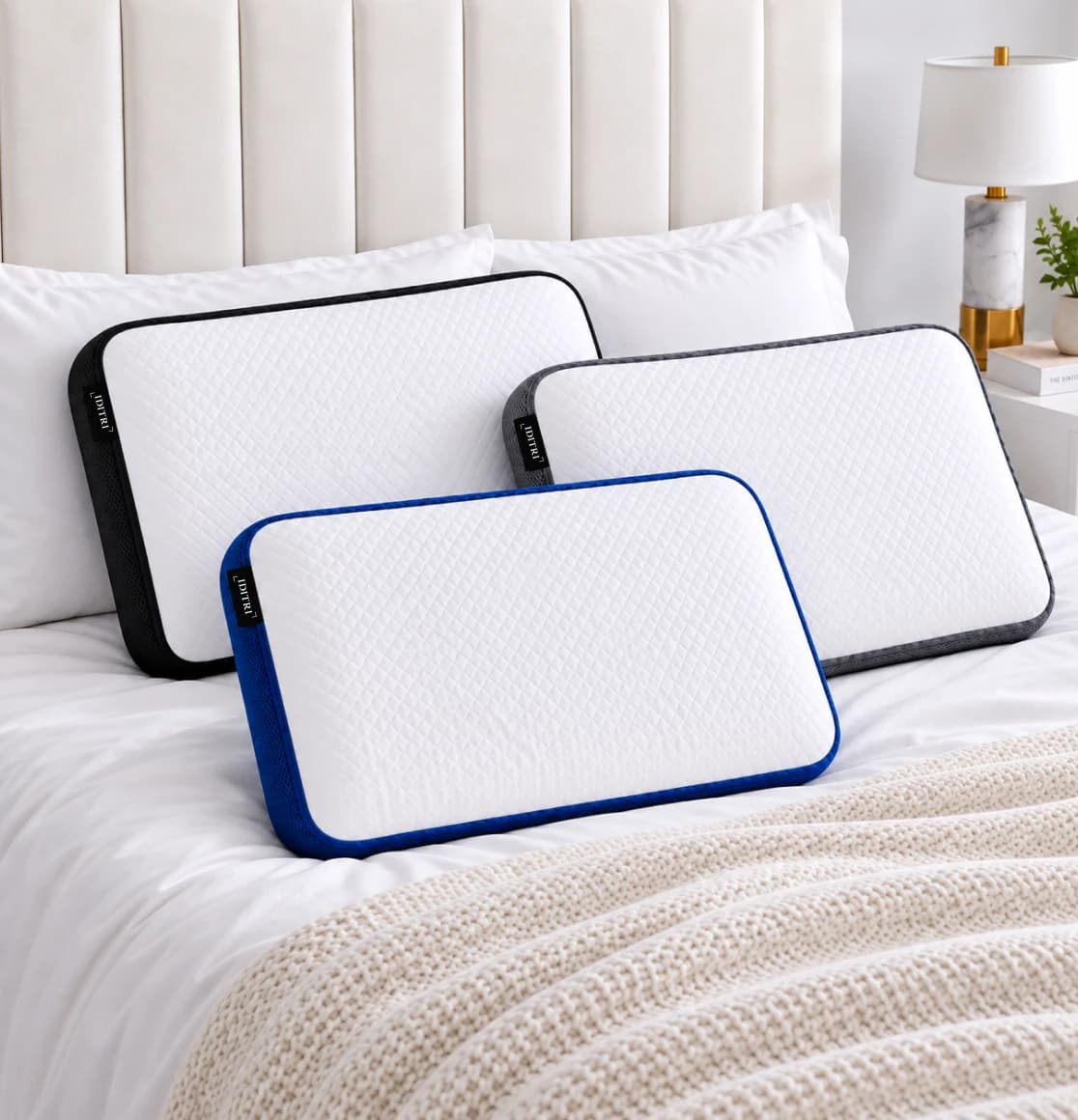 IDITRI rectangle memory foam pillows with blue trim on a bed
