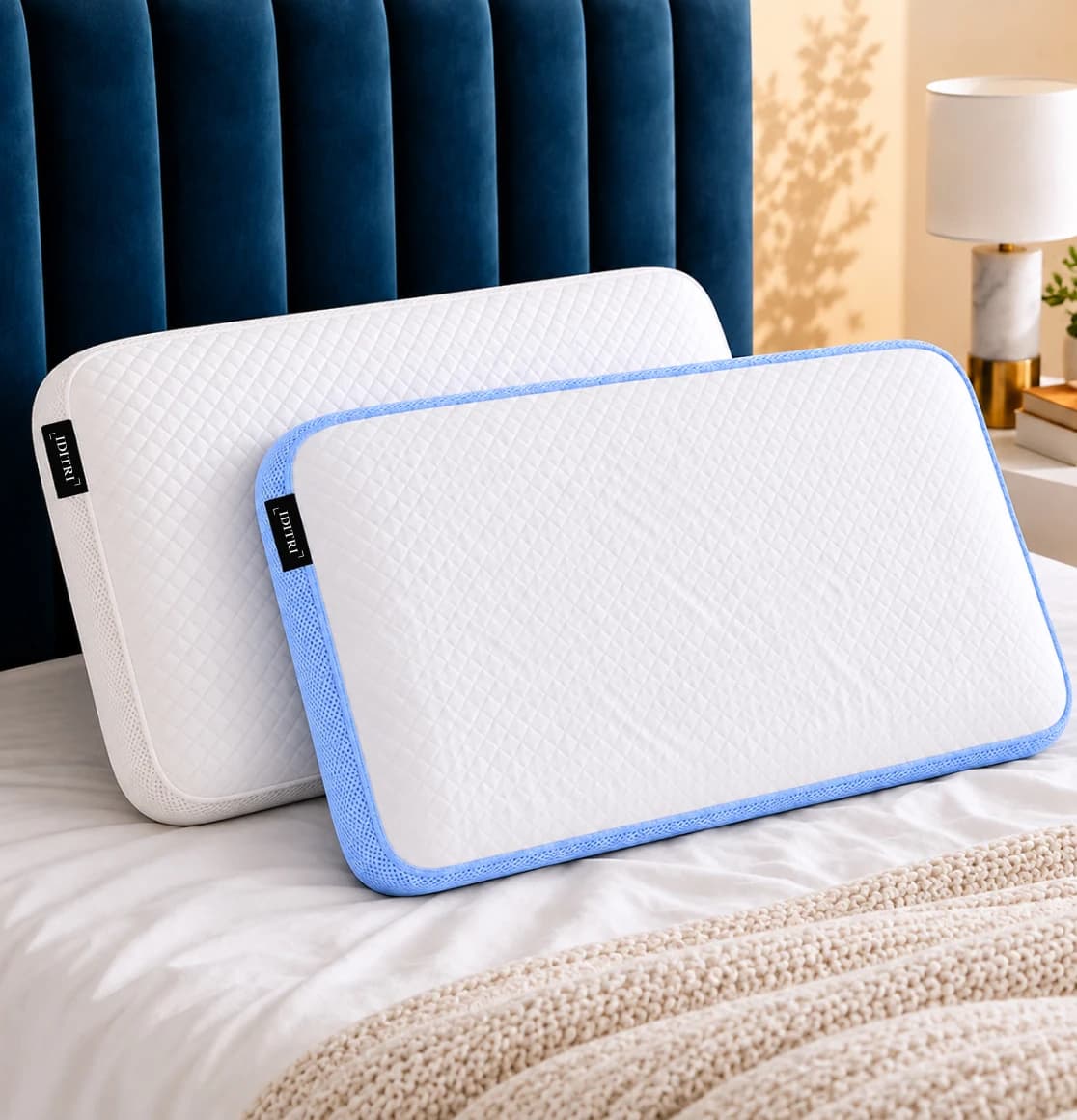 IDITRI rectangle pillows against a navy headboard